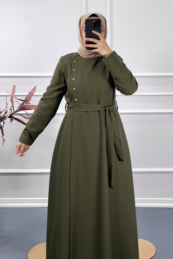Çapraz Düğme Elbise - Yeşil