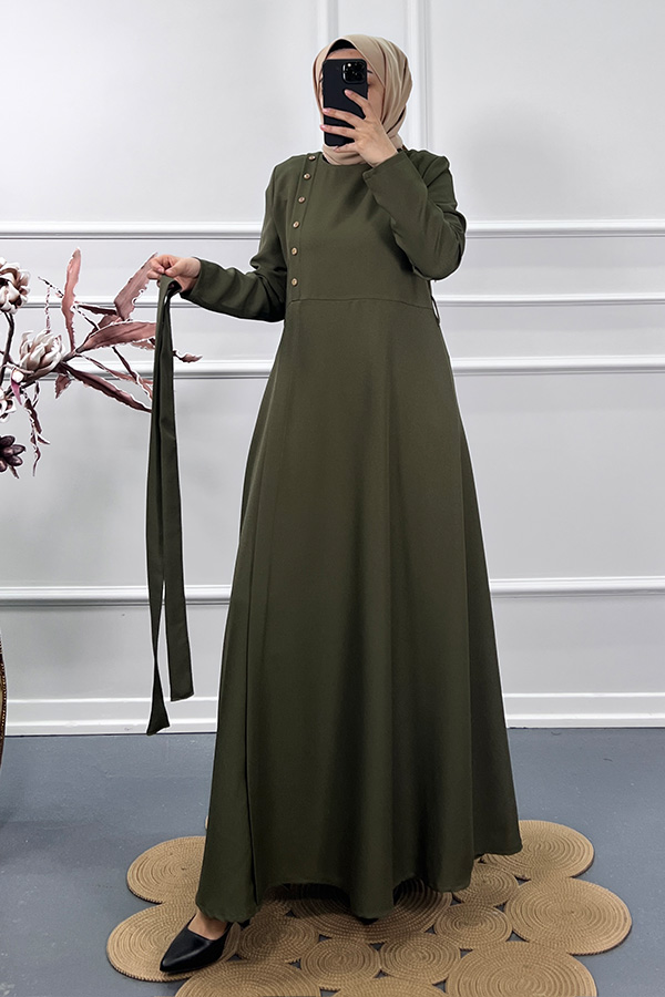 Çapraz Düğme Elbise - Yeşil