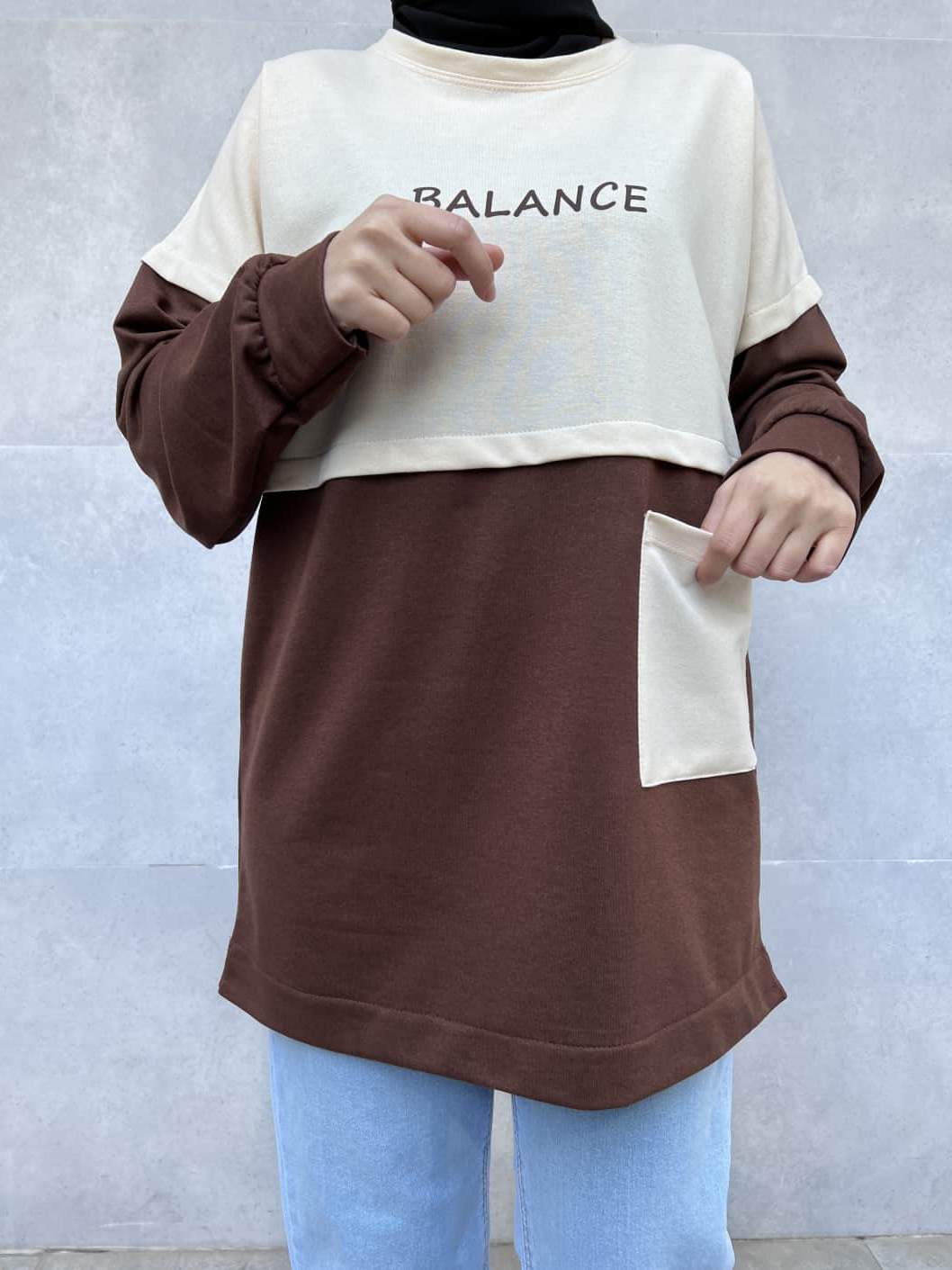 Cep Detaylı Balance Yazılı Tunik - Kahverengi