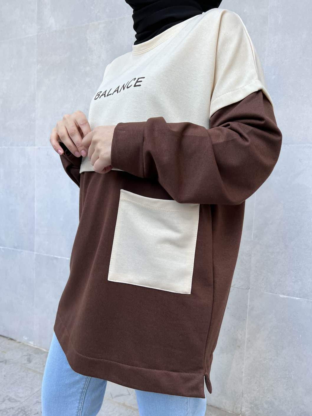 Cep Detaylı Balance Yazılı Tunik - Kahverengi