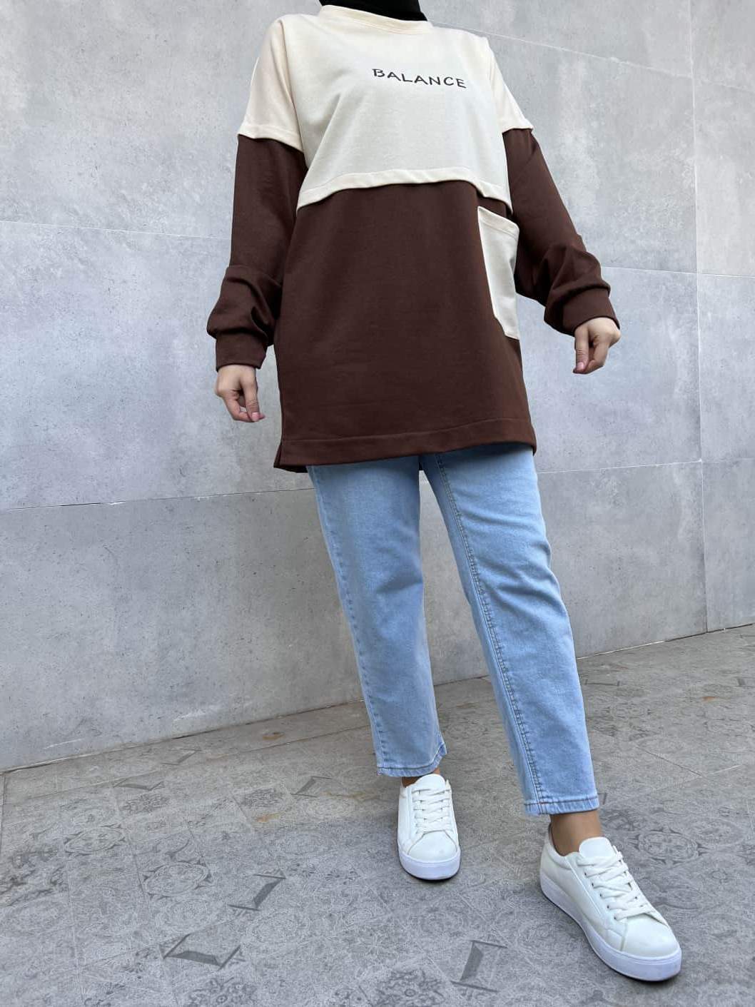 Cep Detaylı Balance Yazılı Tunik - Kahverengi