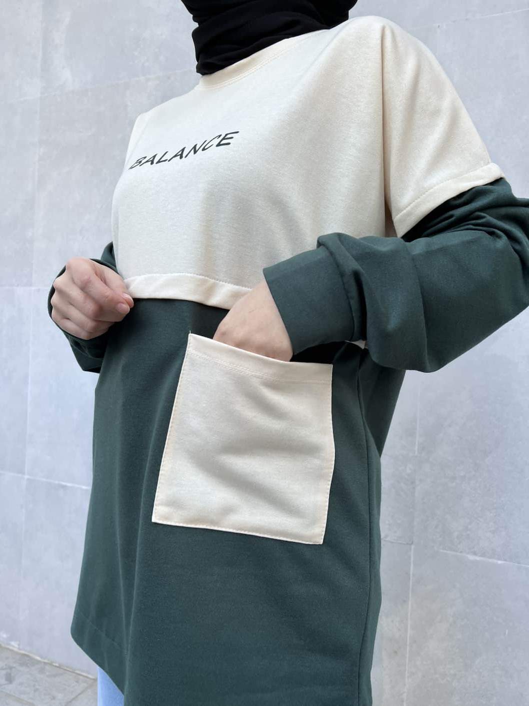 Cep Detaylı Balance Yazılı Tunik - Yeşil