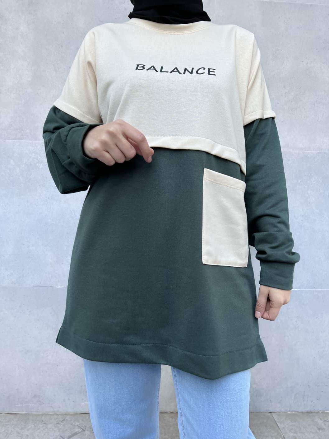 Cep Detaylı Balance Yazılı Tunik - Yeşil