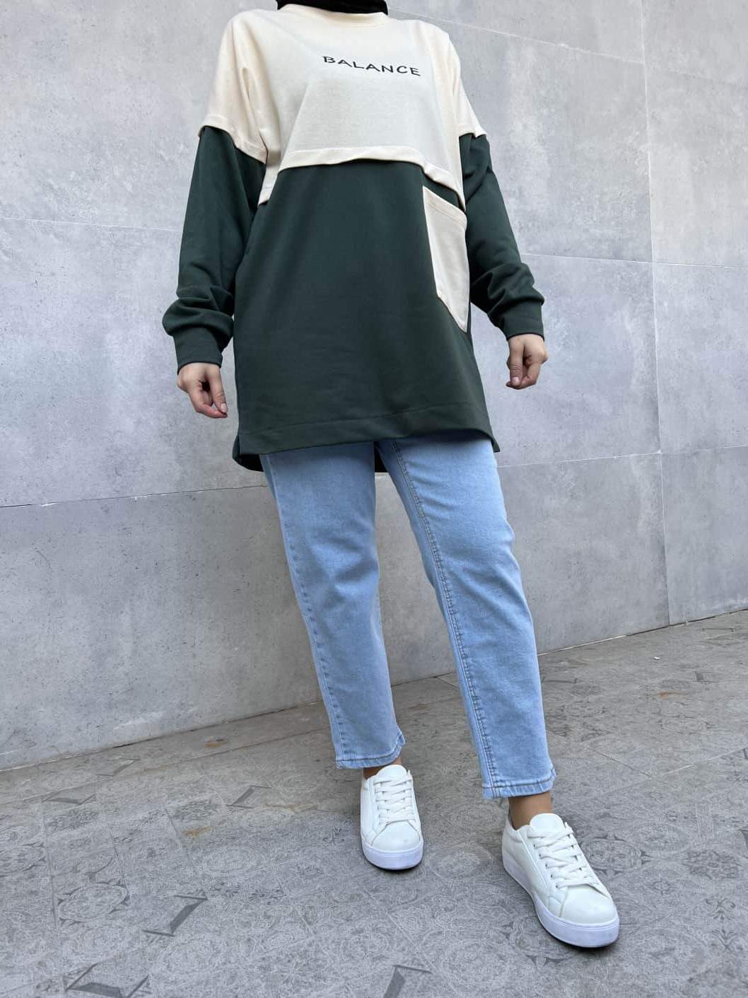 Cep Detaylı Balance Yazılı Tunik - Yeşil