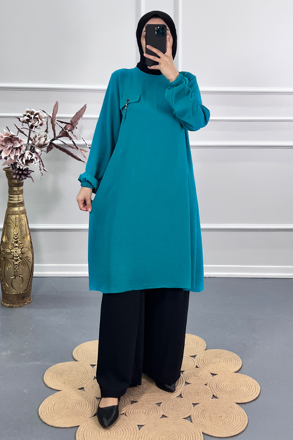 Cep Detaylı Tunik - Mavi