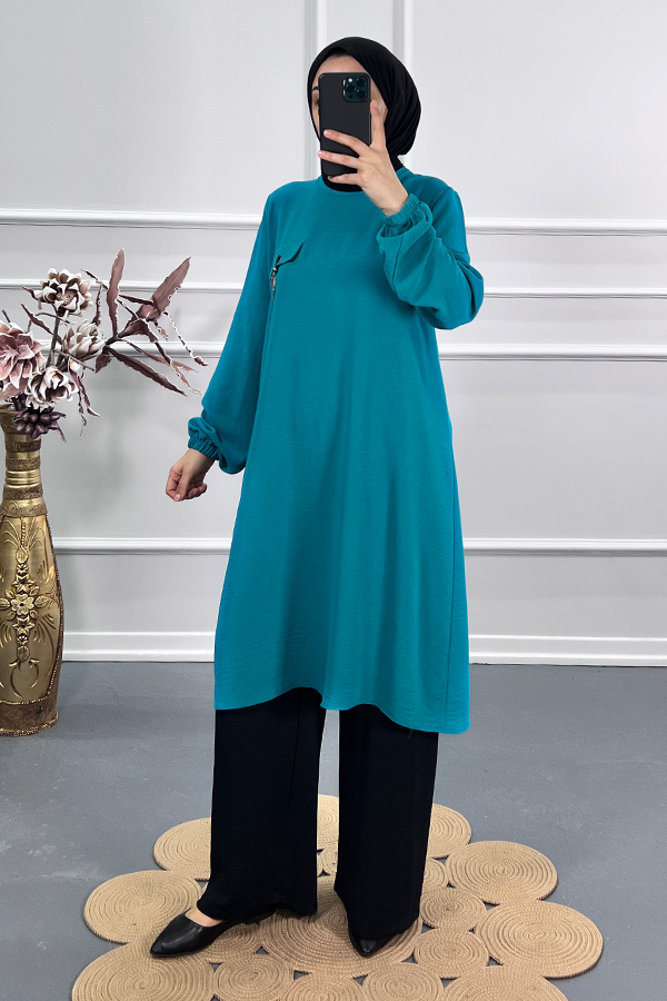 Cep Detaylı Tunik - Mavi