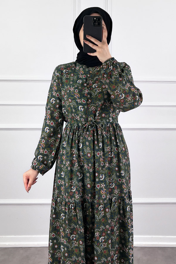 Çiçek Desen Elbise - Haki