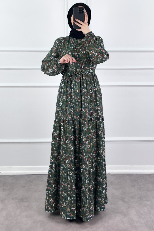 Çiçek Desen Elbise - Haki