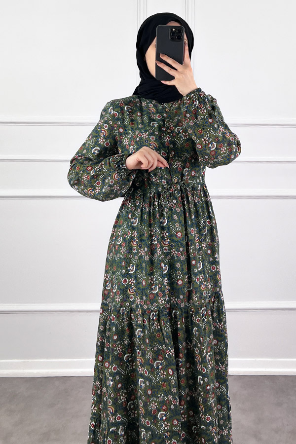 Çiçek Desen Elbise - Haki