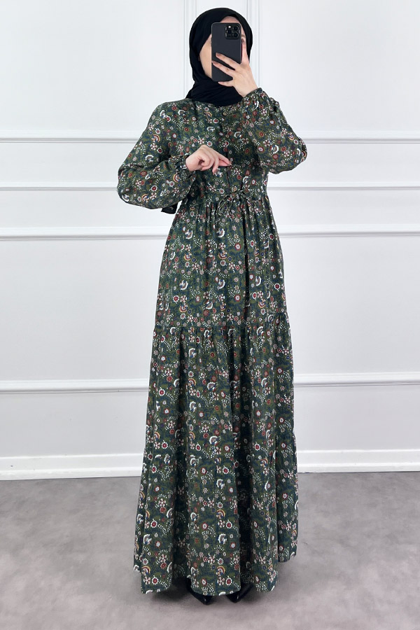 Çiçek Desen Elbise - Haki