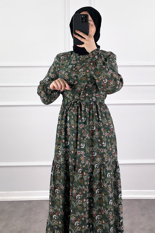 Çiçek Desen Elbise - Haki