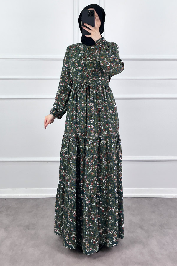 Çiçek Desen Elbise - Haki