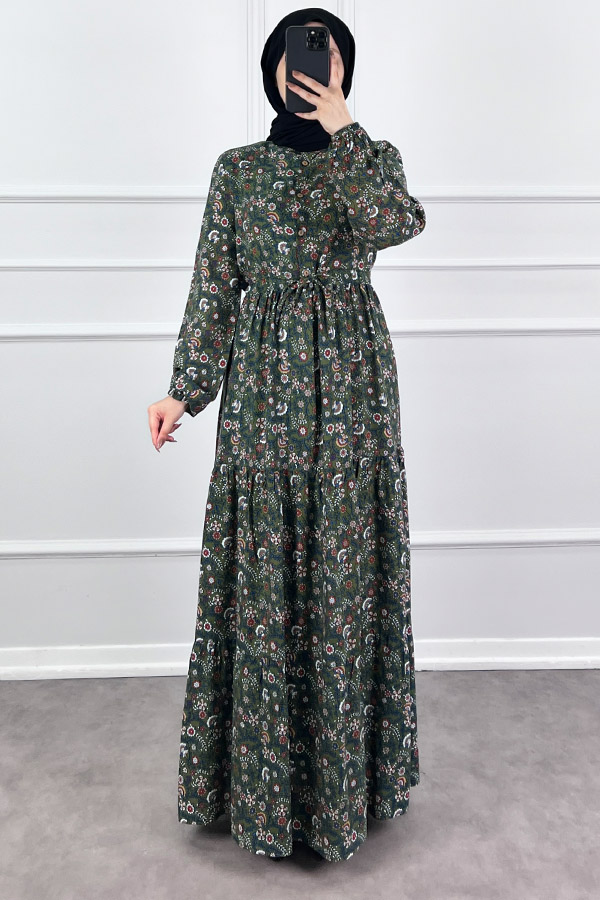 Çiçek Desen Elbise - Haki