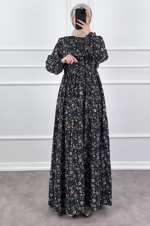 Çiçek Desen Elbise - Lacivert