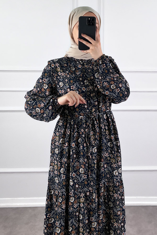 Çiçek Desen Elbise - Lacivert