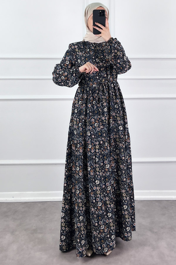 Çiçek Desen Elbise - Lacivert