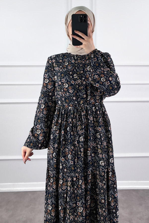 Çiçek Desen Elbise - Lacivert