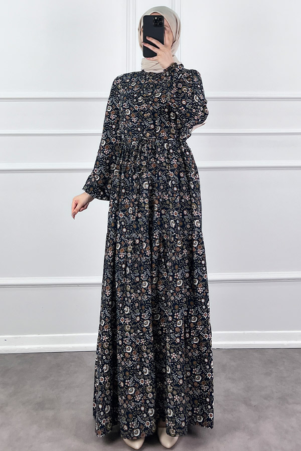 Çiçek Desen Elbise - Lacivert
