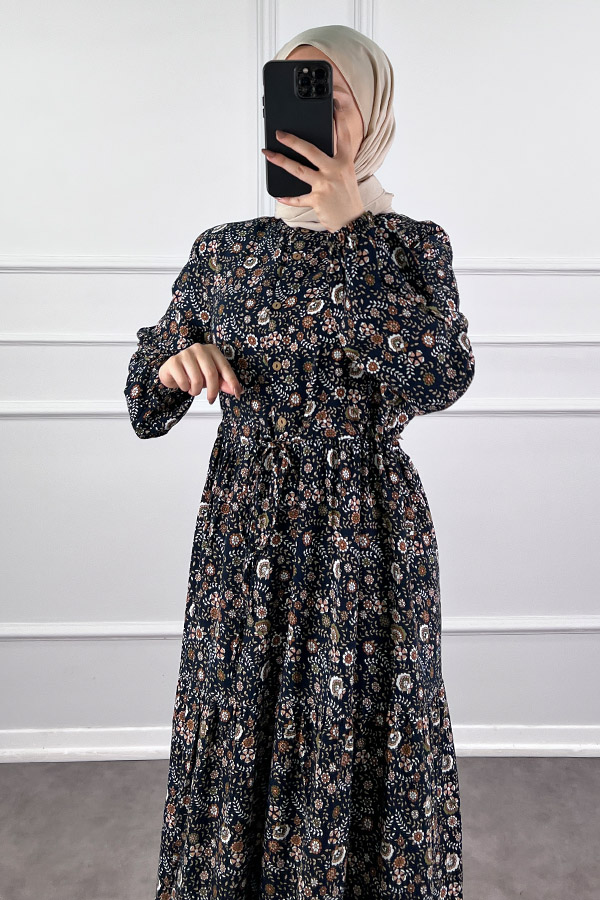 Çiçek Desen Elbise - Lacivert