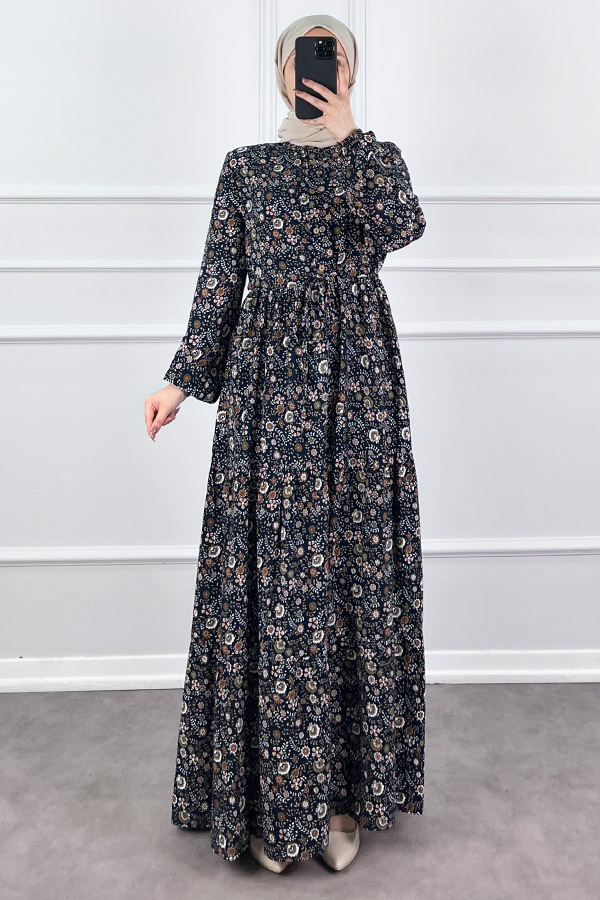 Çiçek Desen Elbise - Lacivert