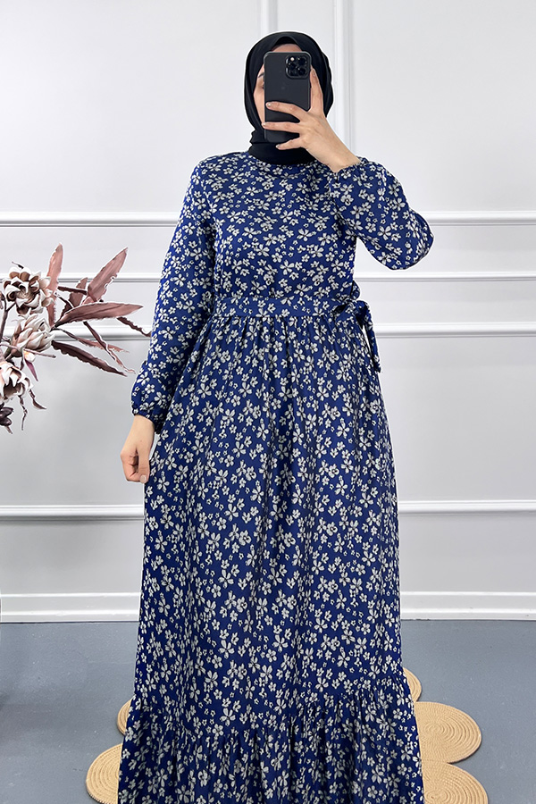Çİçek Desenli Elbise - Mavi