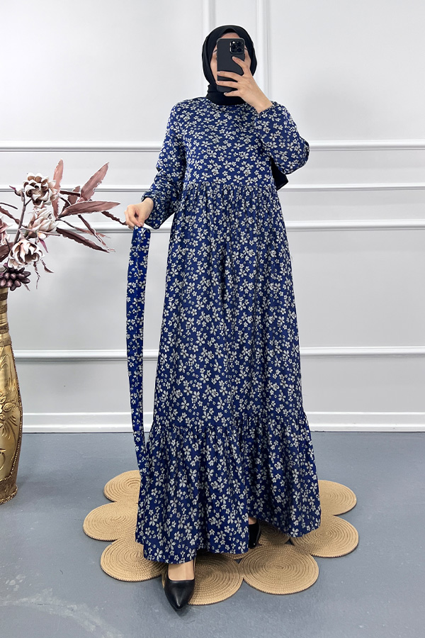 Çİçek Desenli Elbise - Mavi