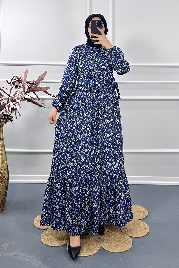 Çİçek Desenli Elbise - Mavi
