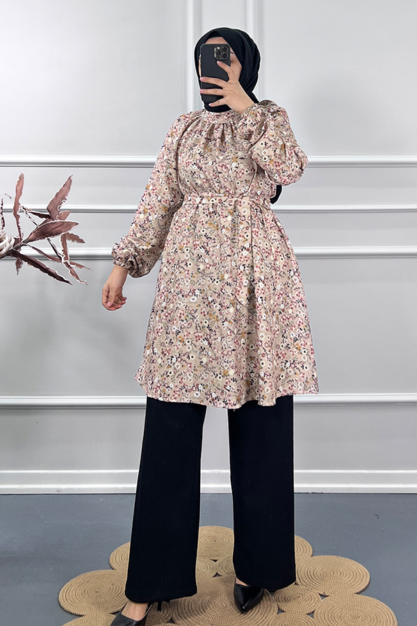 Çiçek Desenli İkili Takım - Krem