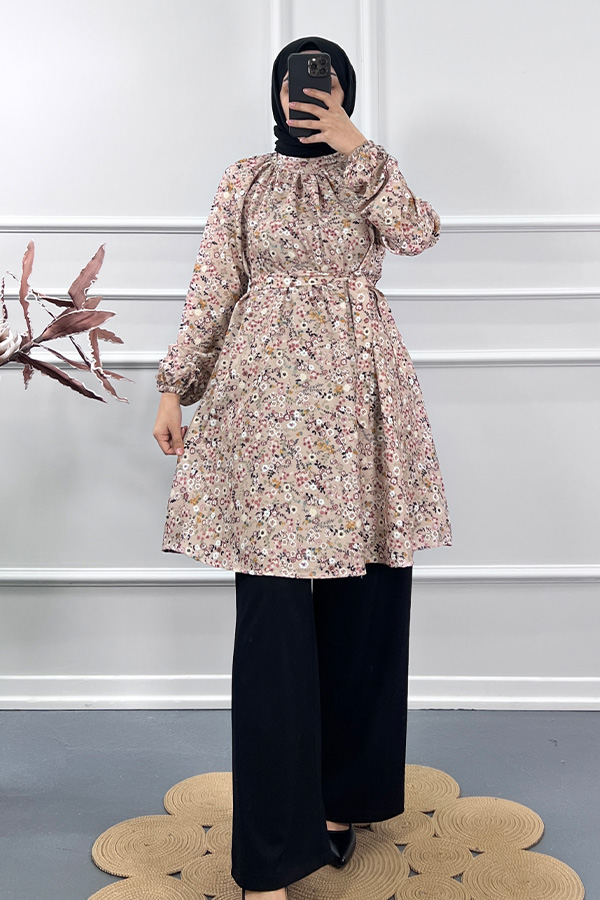 Çiçek Desenli İkili Takım - Krem