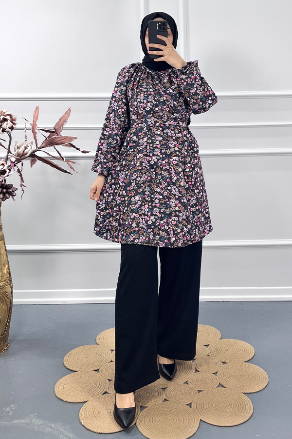Çiçek Desenli İkili Takım - Siyah Çiçek Desenli İkili Takım - Siyah
