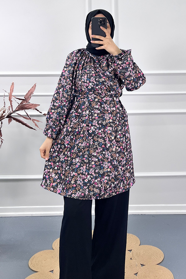 Çiçek Desenli İkili Takım - Siyah Çiçek Desenli İkili Takım - Siyah