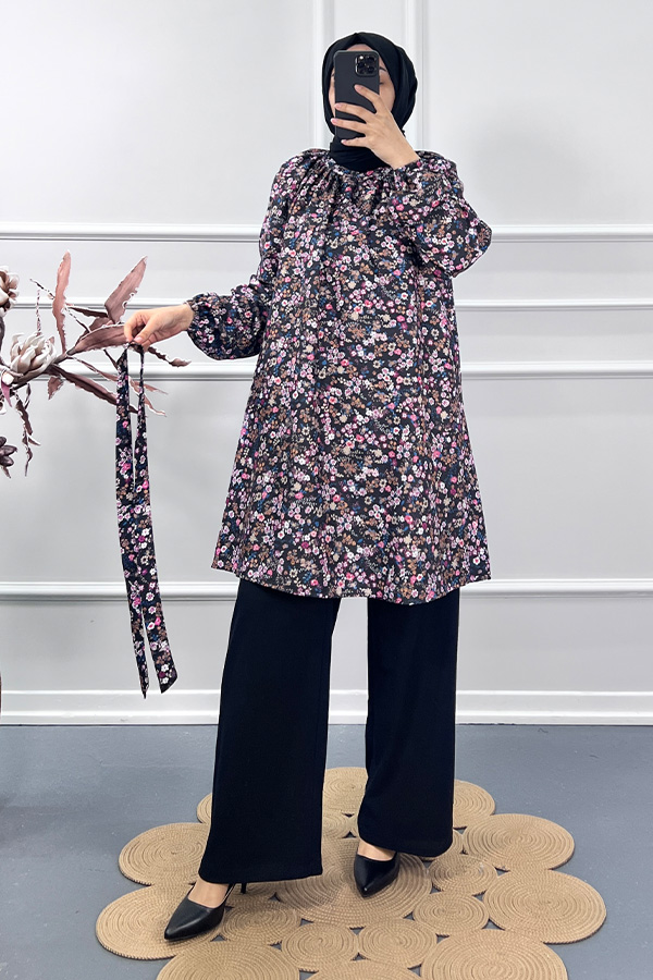Çiçek Desenli İkili Takım - Siyah Çiçek Desenli İkili Takım - Siyah
