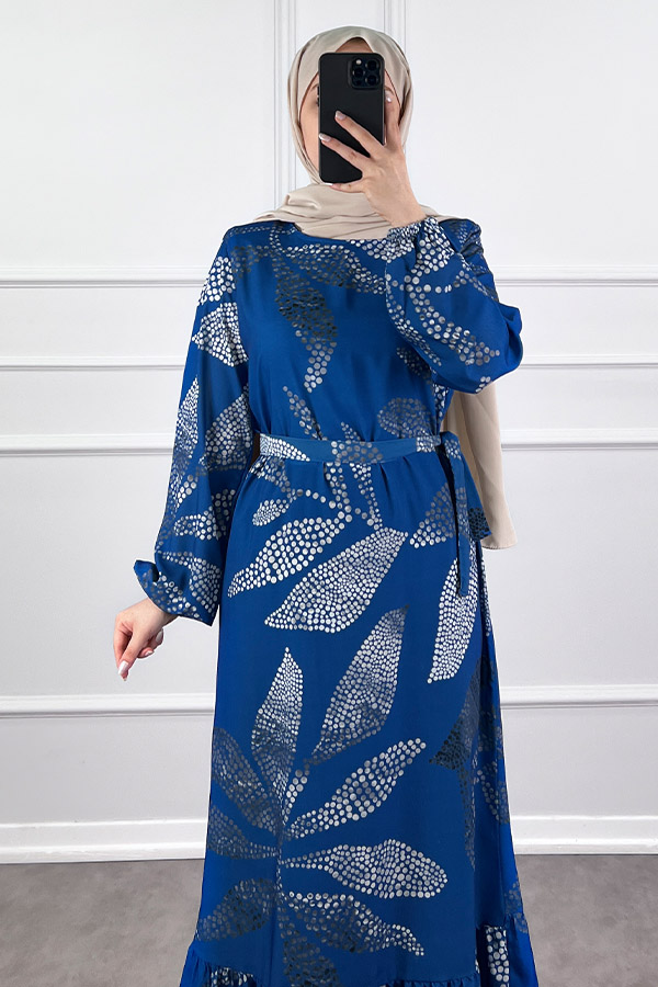 Çiçek Desenli Krep Kumaş Elbise - Mavi