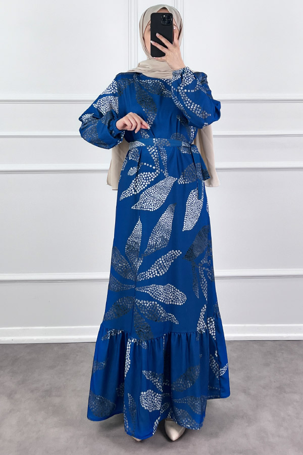 Çiçek Desenli Krep Kumaş Elbise - Mavi