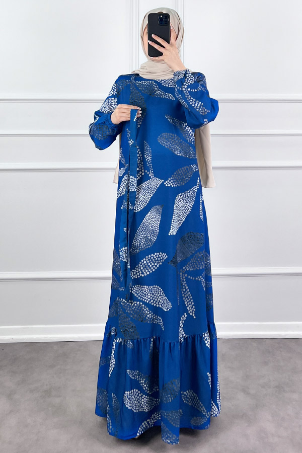 Çiçek Desenli Krep Kumaş Elbise - Mavi