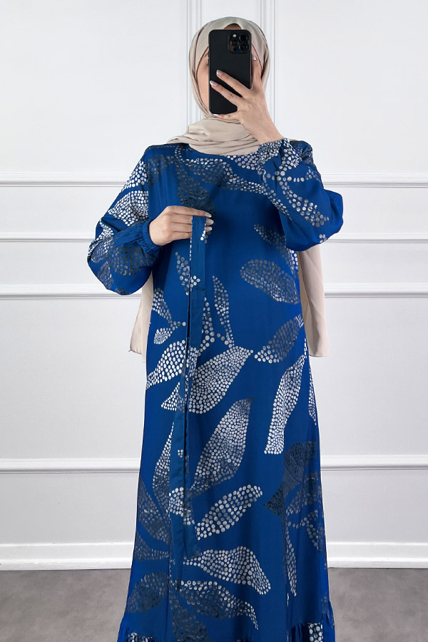 Çiçek Desenli Krep Kumaş Elbise - Mavi