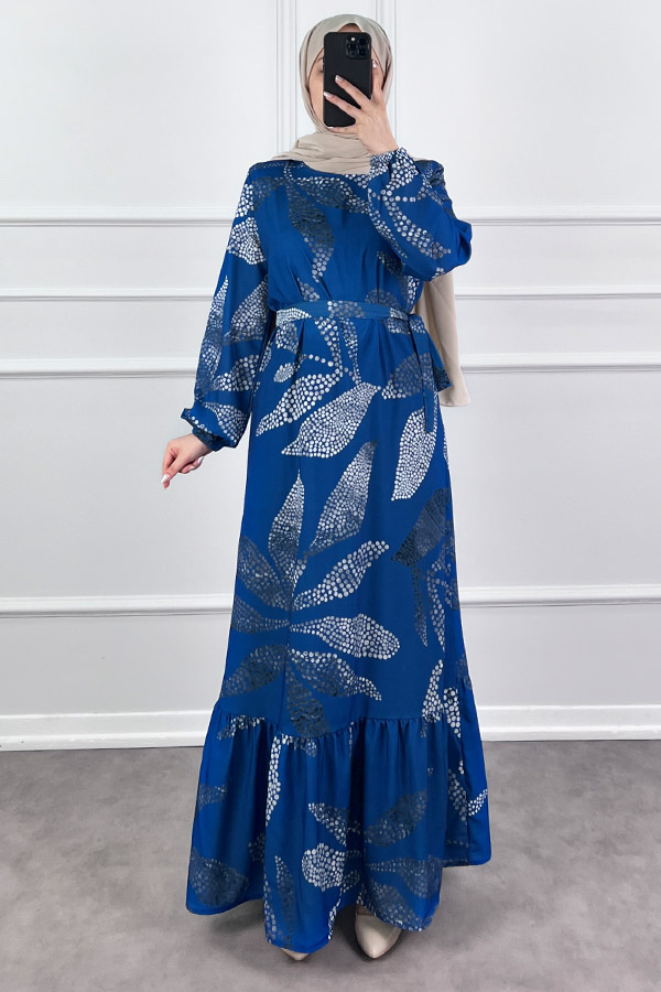 Çiçek Desenli Krep Kumaş Elbise - Mavi