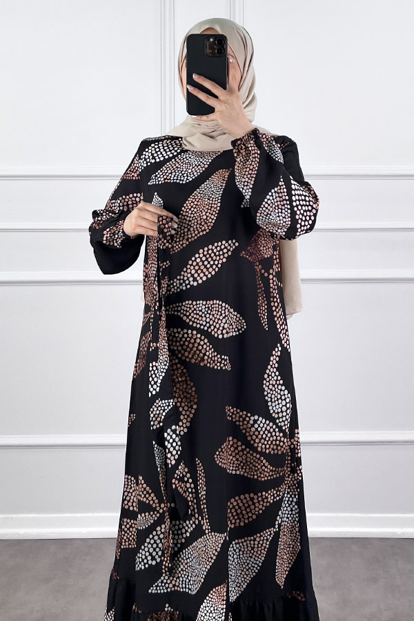 Çiçek Desenli Krep Kumaş Elbise - Siyah