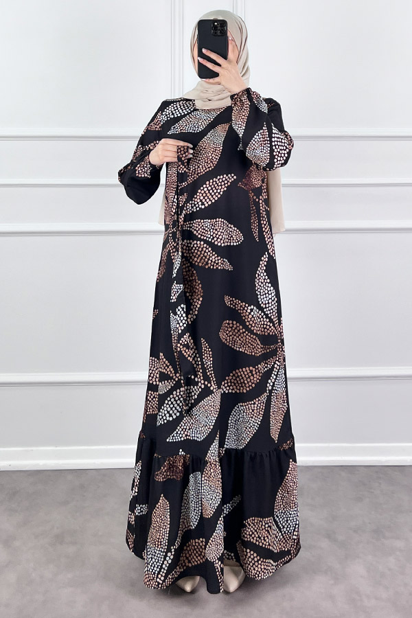 Çiçek Desenli Krep Kumaş Elbise - Siyah