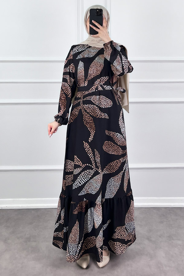 Çiçek Desenli Krep Kumaş Elbise - Siyah