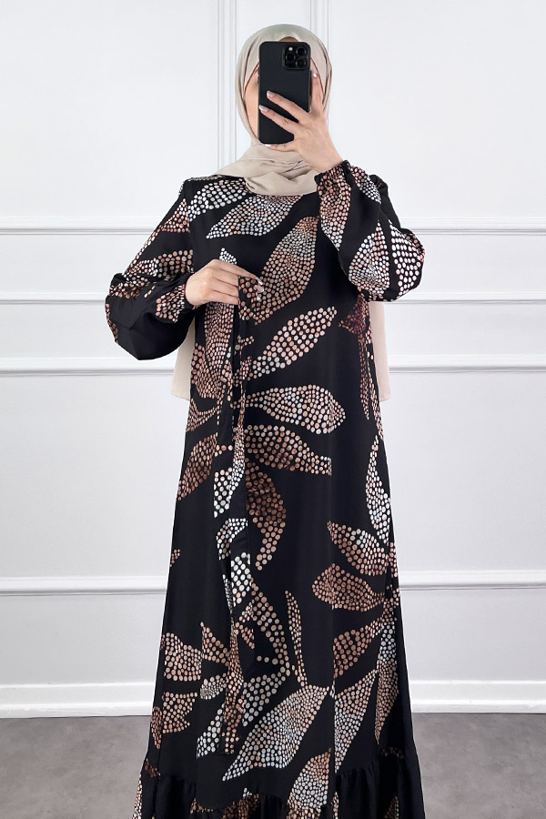 Çiçek Desenli Krep Kumaş Elbise - Siyah