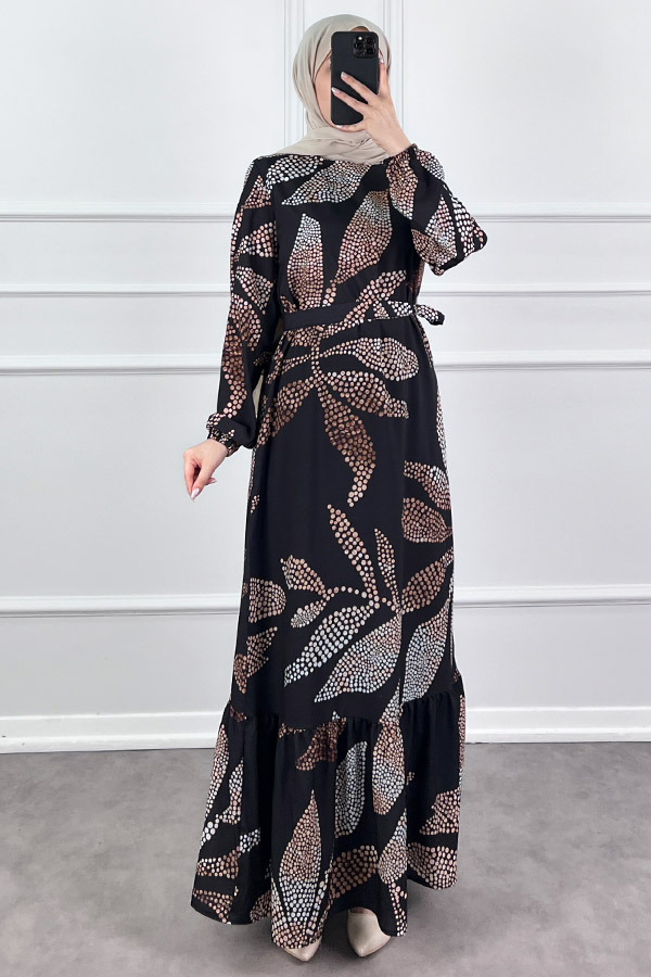 Çiçek Desenli Krep Kumaş Elbise - Siyah