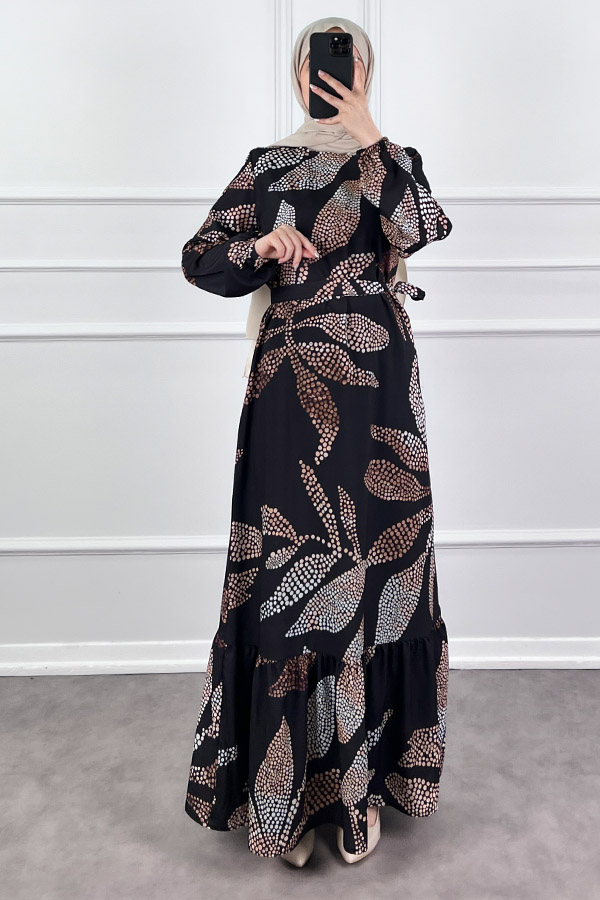 Çiçek Desenli Krep Kumaş Elbise - Siyah