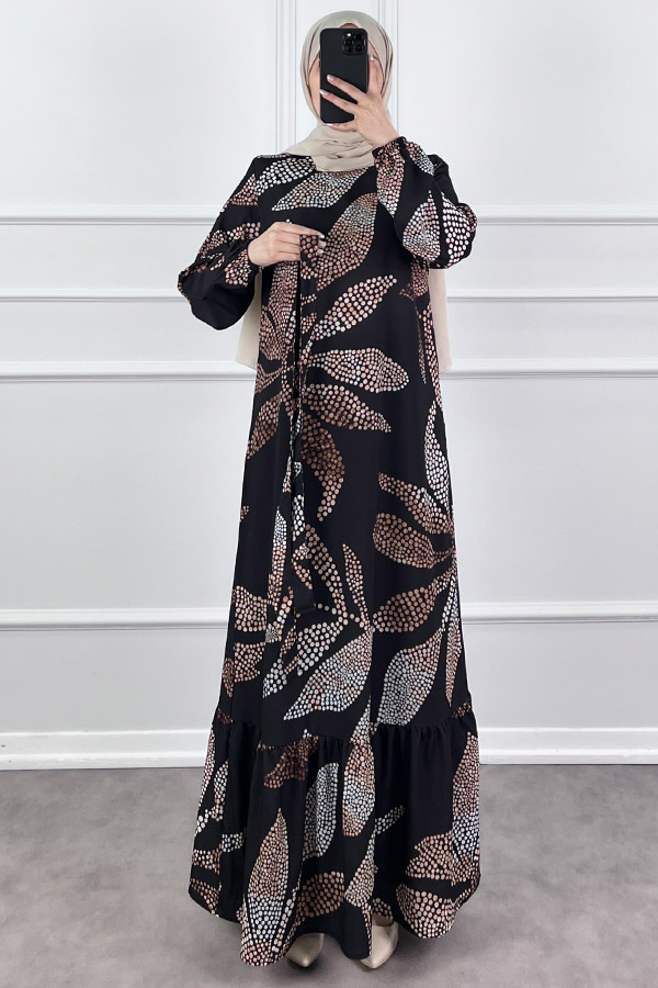 Çiçek Desenli Krep Kumaş Elbise - Siyah