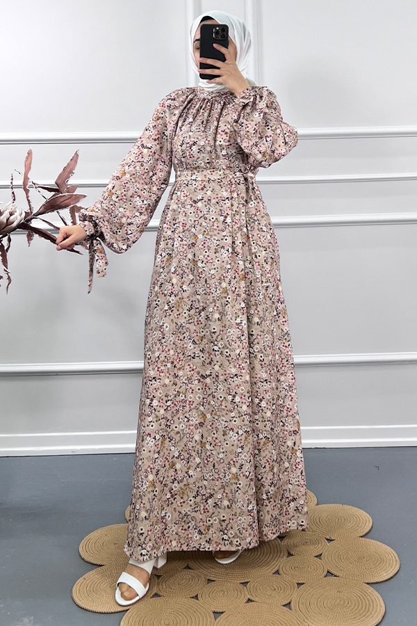 Çiçekli Yazlık Elbise - Krem