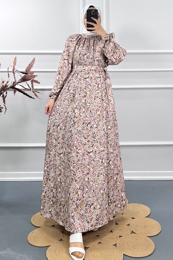 Çiçekli Yazlık Elbise - Krem