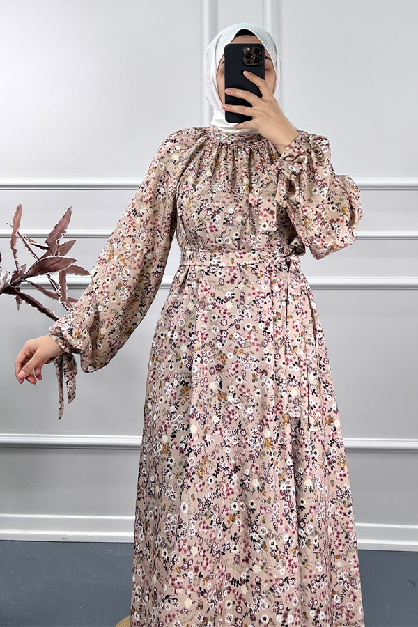 Çiçekli Yazlık Elbise - Krem