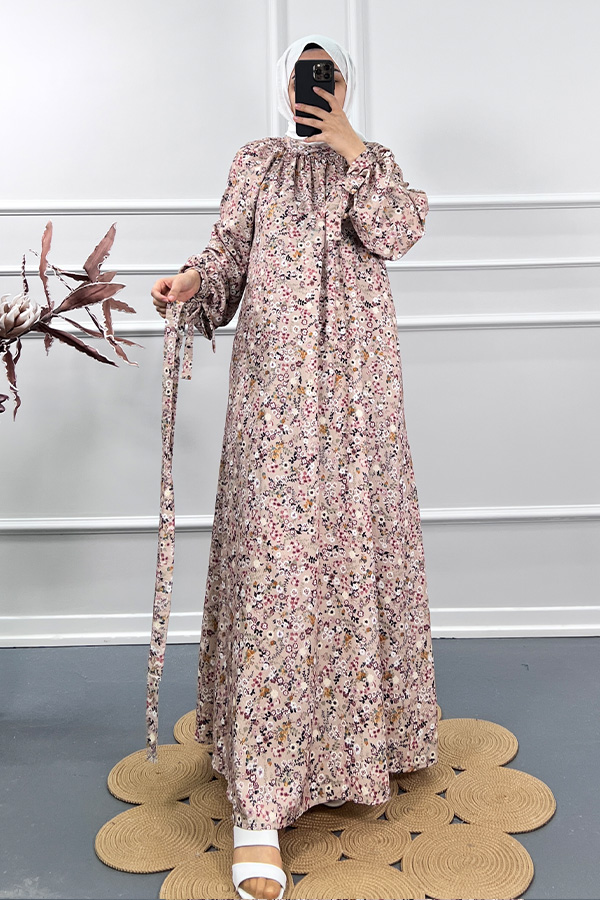 Çiçekli Yazlık Elbise - Krem