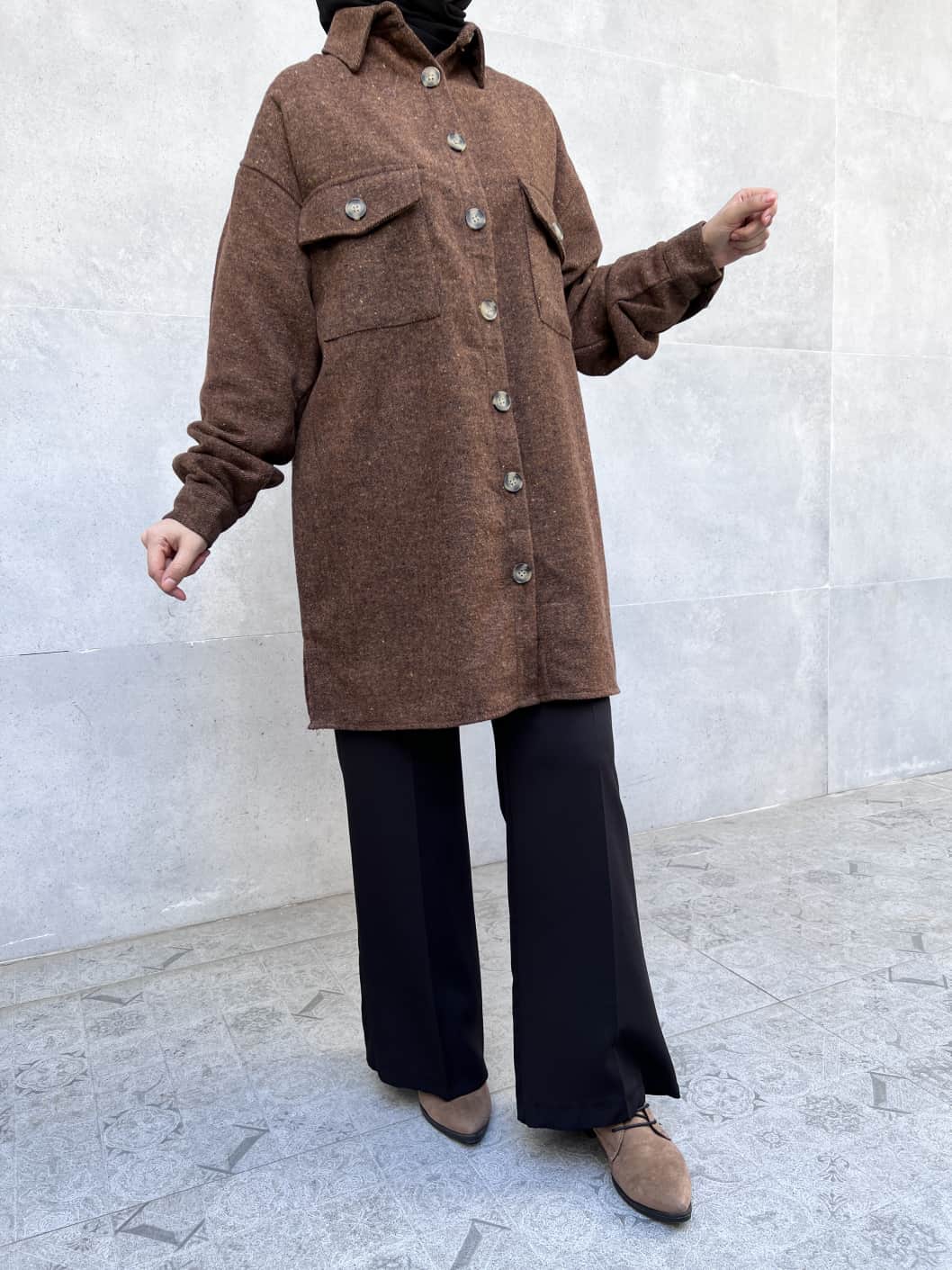 Çift Cepli Salaş Ekose Kaşe Gömlek - Kahverengi