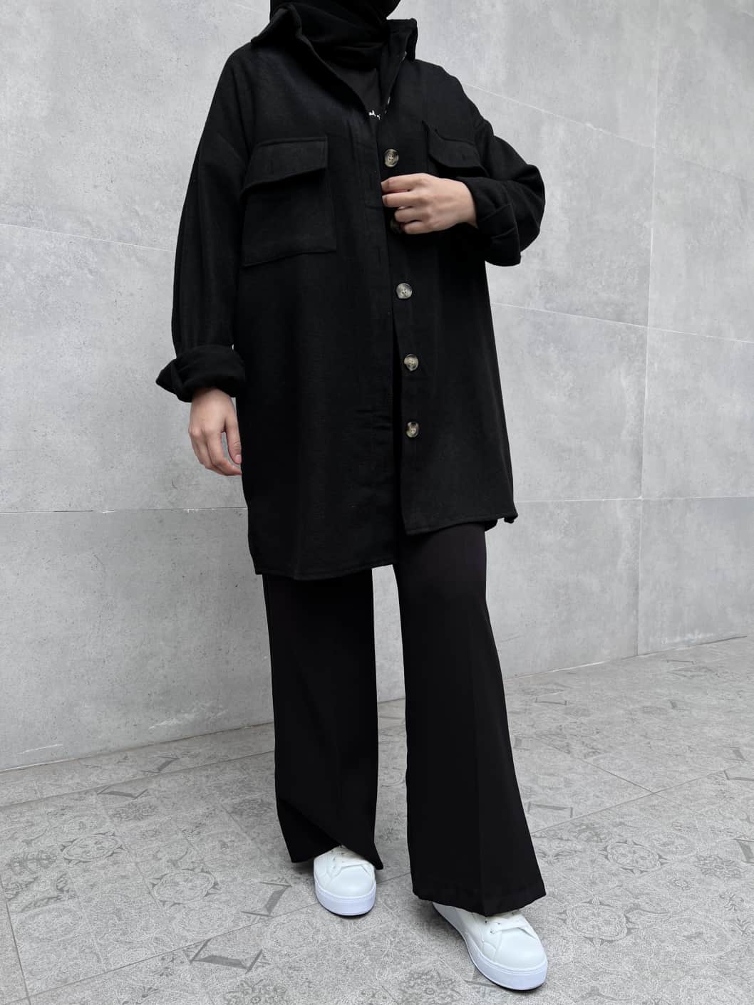 Çift Cepli Salaş Ekose Kaşe Gömlek - Siyah